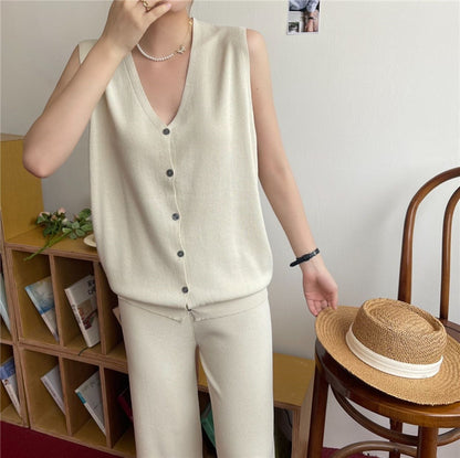 Ice Silk Breasted Knitted Vest  Wide Leg Pants Fashion Two-piece Set