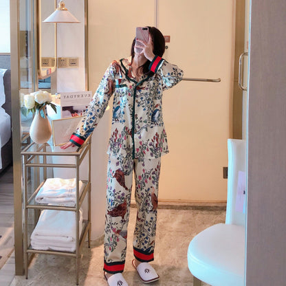 Women's long-sleeved trousers two-piece simulation silk Japanese kimono printed silk cardigan pajamas