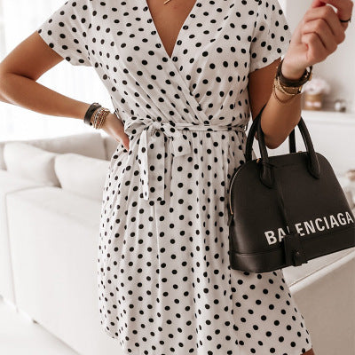 Polka Dot Ice Silk V-neck Short Sleeve Tie Dress