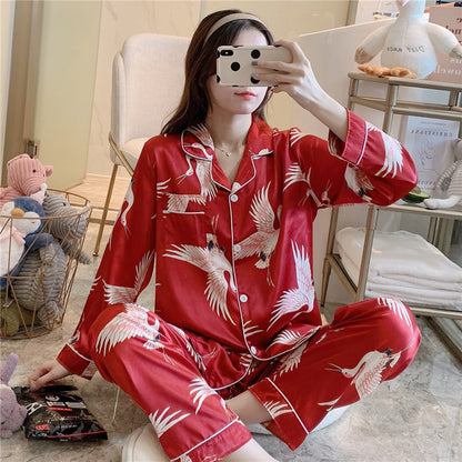 Ice Silk Pajamas Women's Long-sleeved Trousers Two-piece Set