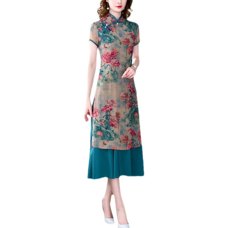 Chinese Style Graceful And Fashionable Slim-fit Silk-like Cheongsam Dress