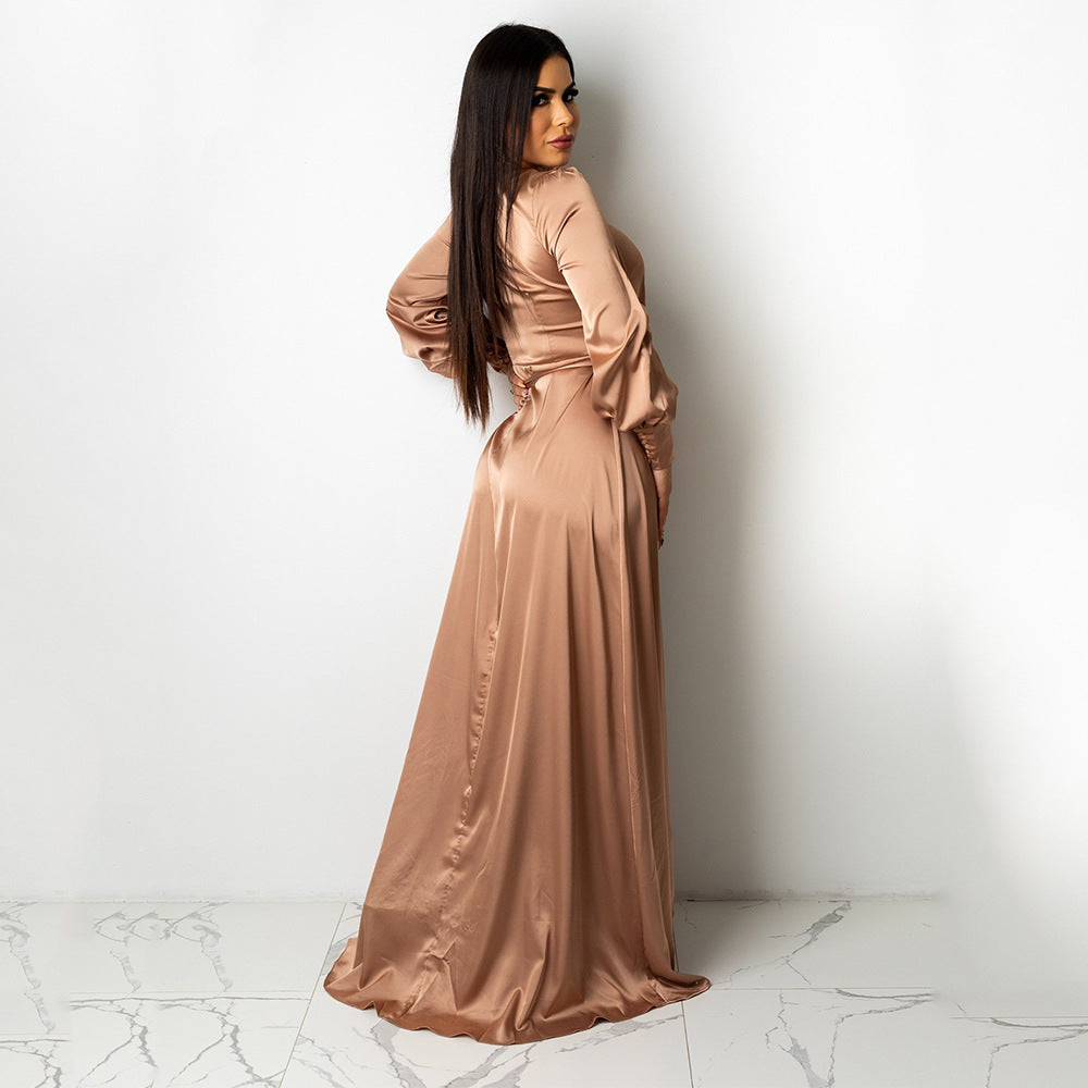 Fashionable V-Neck Silk Face Solid Color Lace Irregular Long Dress