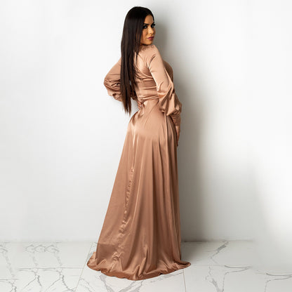 Fashionable V-Neck Silk Face Solid Color Lace Irregular Long Dress