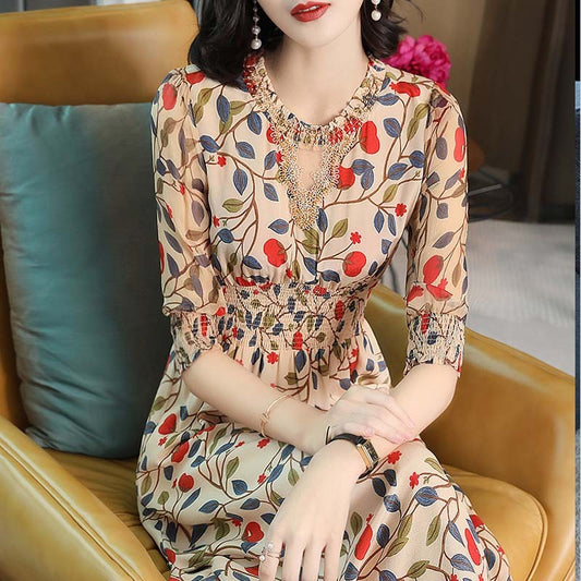 Mid-length Silkworm Silk Dress With Waist Printing