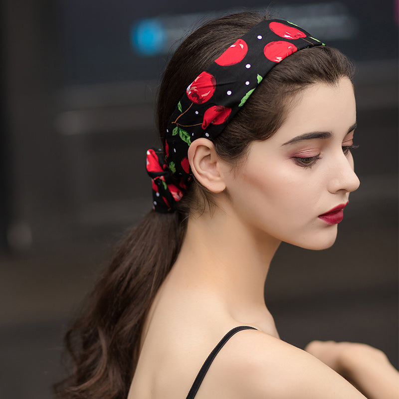 Red cherry print poplin rabbit headband silk scarf scarf
