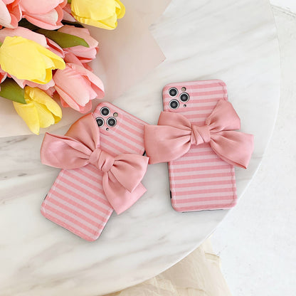 Ins Wind Striped Silk Bowknot Phone Case