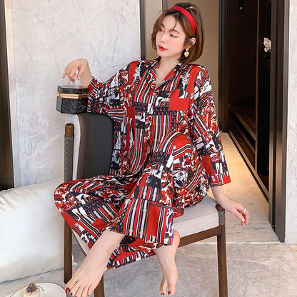 Women's Spring Autumn Long Sleeve Ice Silk Pajamas