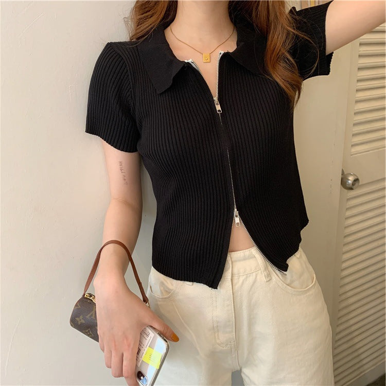Zip short sleeve ice silk top
