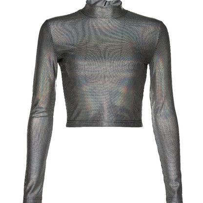 KLIOU Semi-High Collar Bright Silk Bottom Shirt