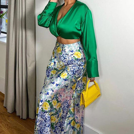 Flower Printed Silk Satin Texture Skirt