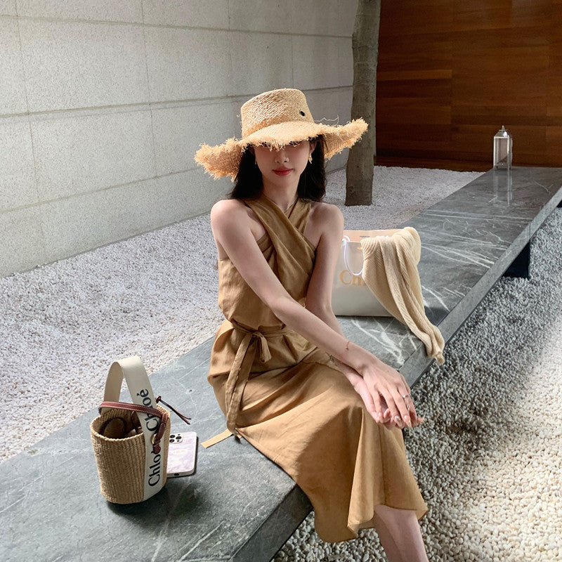 French Cross Cut Neck Silk Dress