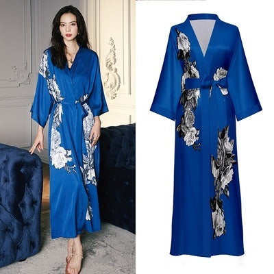 Large Size Ice Silk Satin Black Lace Green Robe