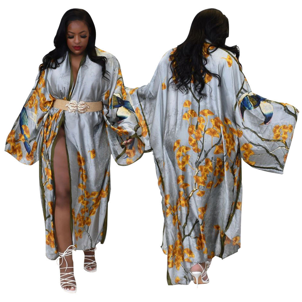 Kimono Silk-like Multi-print Coat