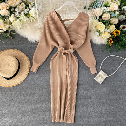 Fashionable And Simple V-neck Bright Silk Knitted Dress