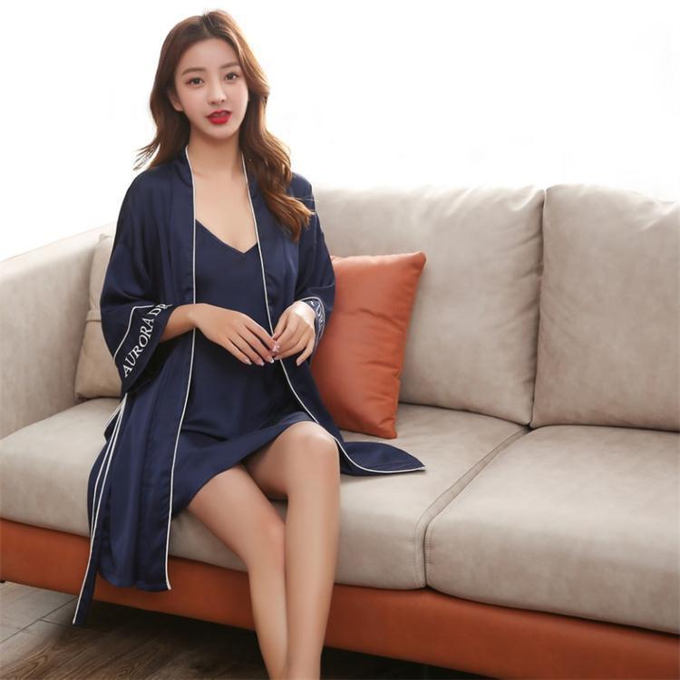 Women's Ice Silk Pajamas Thin Silk Sling Nightdress Bathrobe Nightgown Bathrobe Two-piece Set