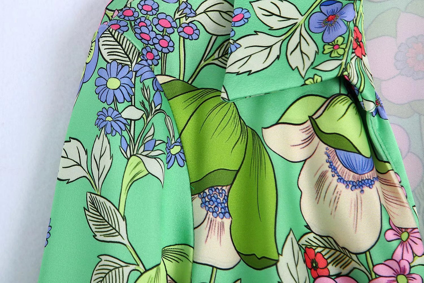 Silk Satin Floral Print V-Neck Dress Short Skirt
