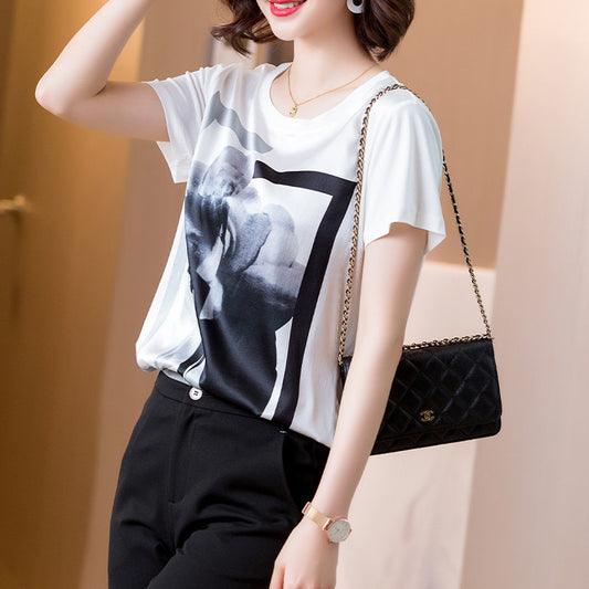 Printed silk white round neck T-shirt
