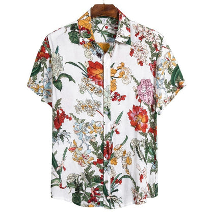 Patterned silk-cotton shirt with short sleeves