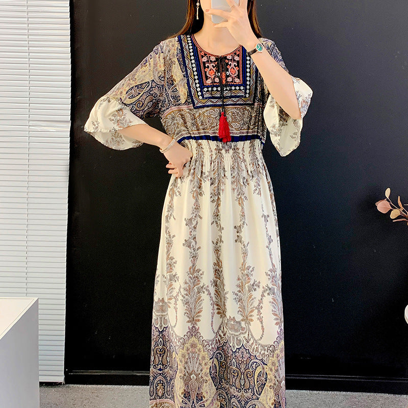 Skirt Crew Neck Ruffle Half Sleeve Cotton Silk Dress
