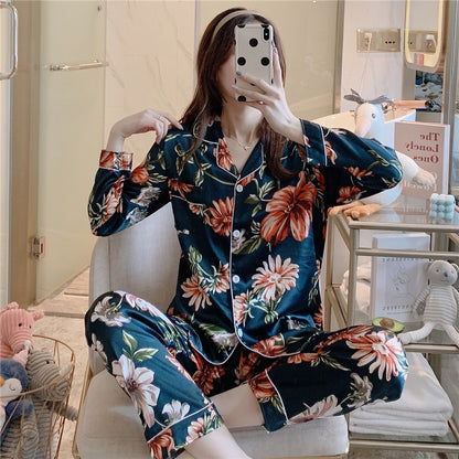 Women's Ice Silk Long Sleeve Trousers Two Piece Pajamas Set