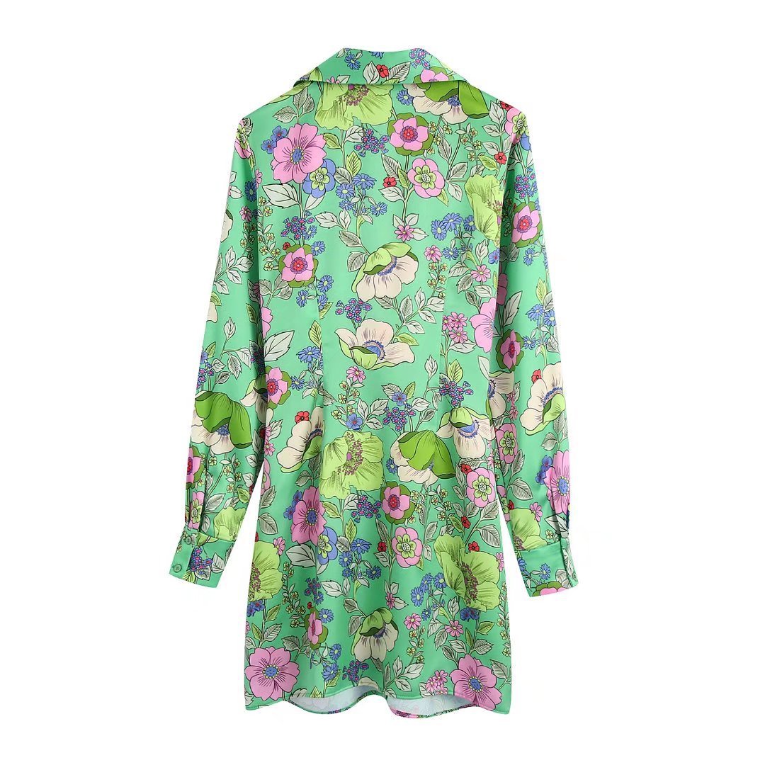 Silk Satin Floral Print V-Neck Dress Short Skirt