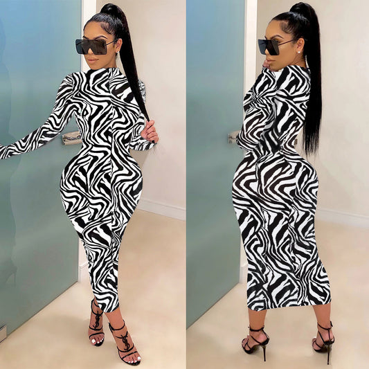 Milk Silk Fashion Print Wrap Arm Zipper Half Turtleneck Dress