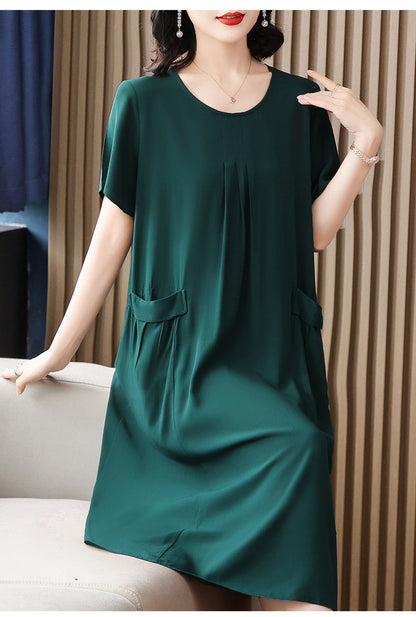Cotton Silk Midi Dress Mother's Short Sleeve Loose Printed Dress