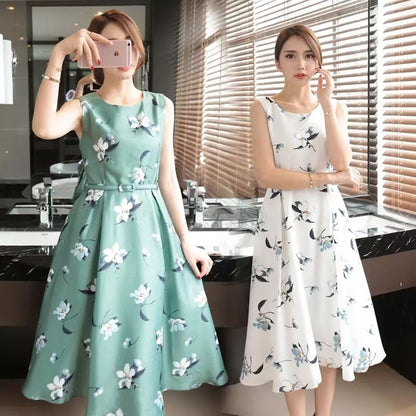 Women's Fashion Ice Silk Midi Printing Dress
