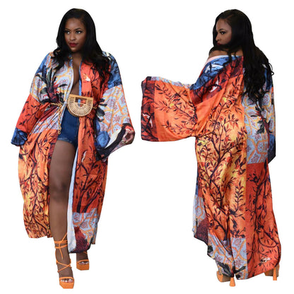 Kimono Silk-like Multi-print Coat