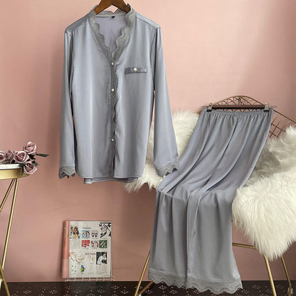 Pajama Lady Ice Silk Long Sleeve Plain Lace