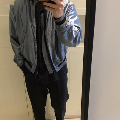 Blue Silk Cotton Bomber Jacket