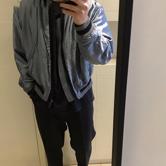 Blue Silk Cotton Bomber Jacket
