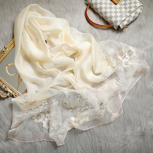 Begonia Embroidery Silk Wool Blended Sunscreen Shawl