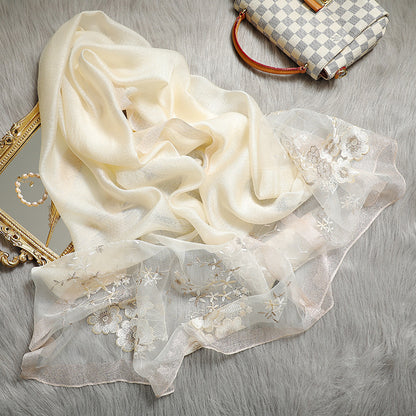 Begonia Embroidery Silk Wool Blended Sunscreen Shawl