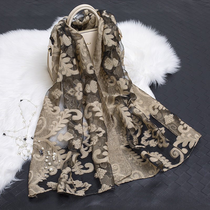 Lace Stitching Cut Flower Paisley Silk Scarf