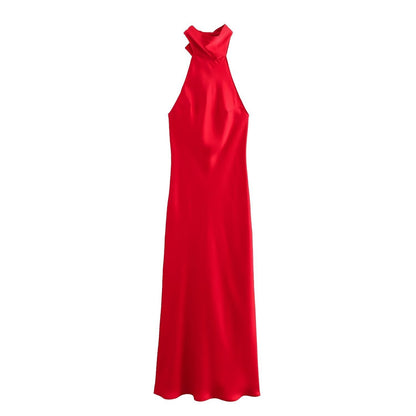 European And American Style Hanging Collar Silk Satin Texture Backless Dress