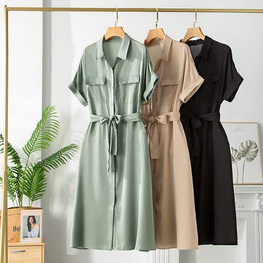 Women's Silk Dress With Lapel Waist And Slim Waist