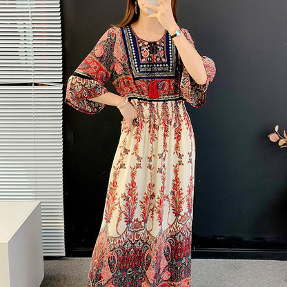 Skirt Crew Neck Ruffle Half Sleeve Cotton Silk Dress