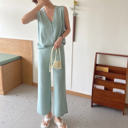 Ice Silk Breasted Knitted Vest  Wide Leg Pants Fashion Two-piece Set
