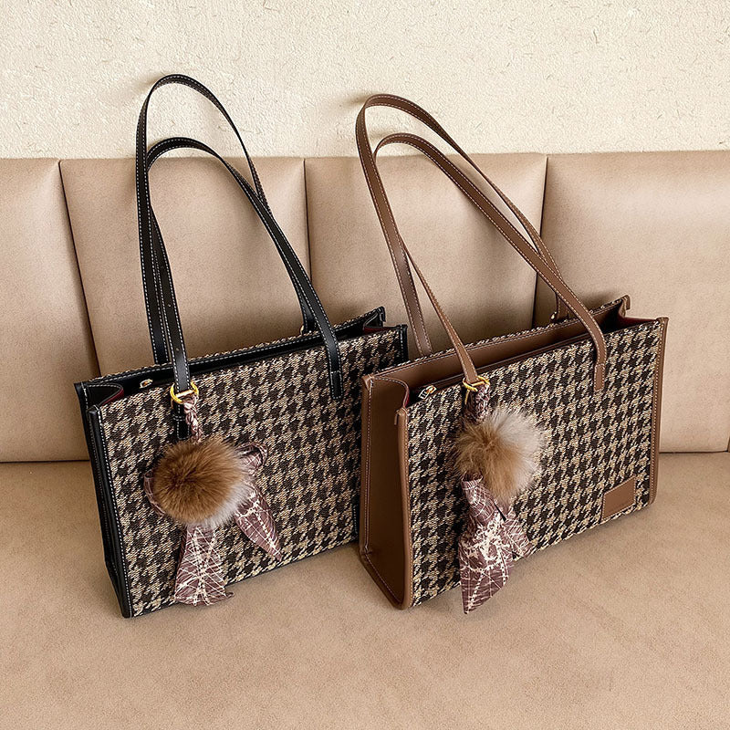 Plush Ball Silk  Pendant Fashion Houndstooth Small Square Bag