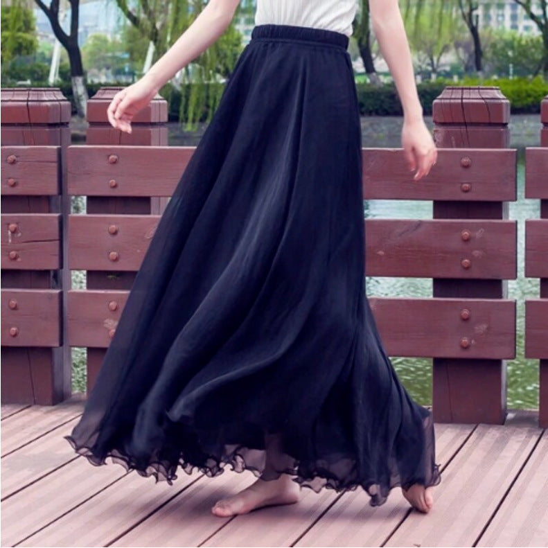 Gold Silk Chiffon Mop Large Swing Dress Elegant Beach Dress