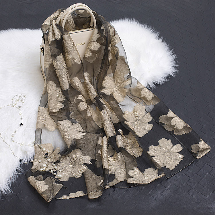 Lace Stitching Cut Flower Paisley Silk Scarf