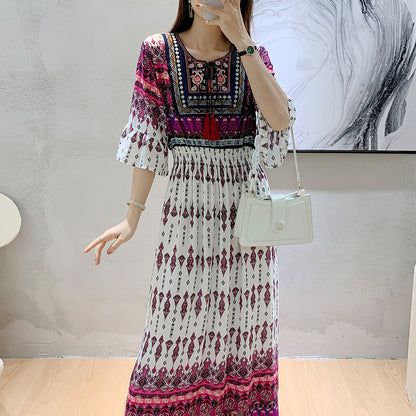 Skirt Crew Neck Ruffle Half Sleeve Cotton Silk Dress