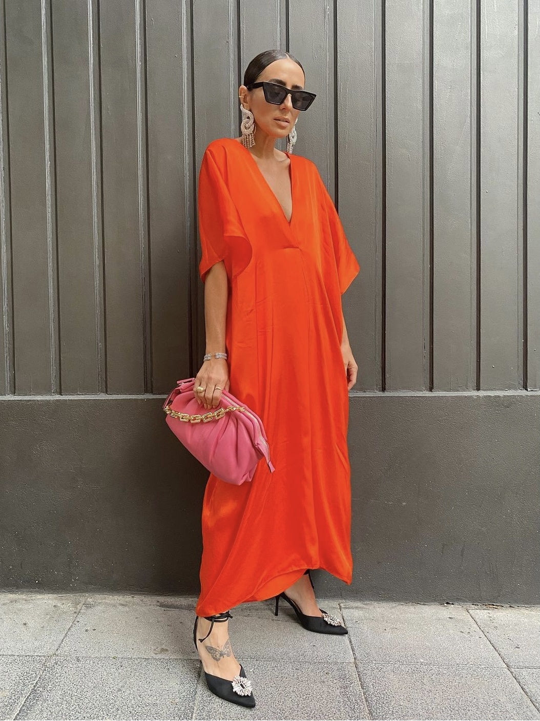 Women's V-neck Orange Women's Loose Casual Silk Satin Texture Long Shirt Dress
