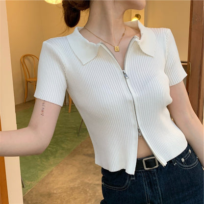 Zip short sleeve ice silk top