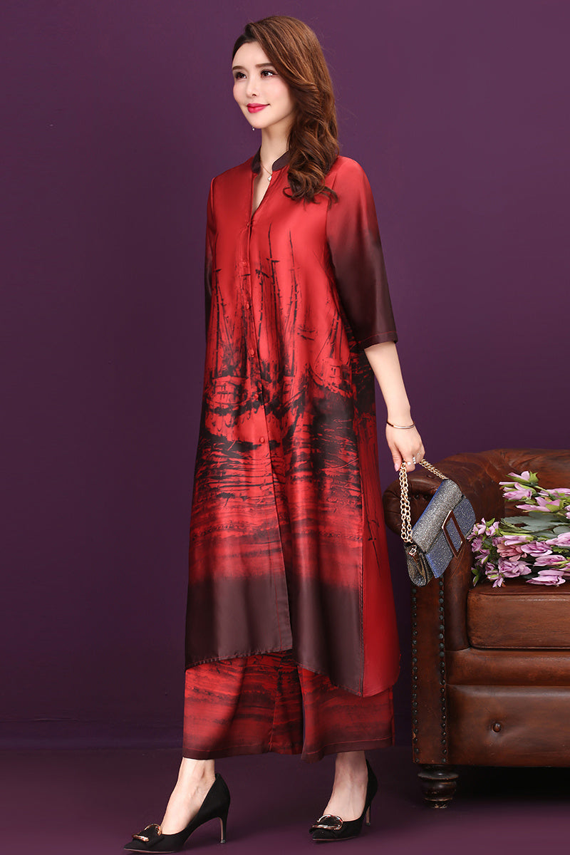 Cardigan silk Cheongsam two-piece set