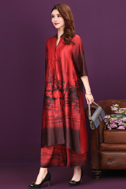 Cardigan silk Cheongsam two-piece set