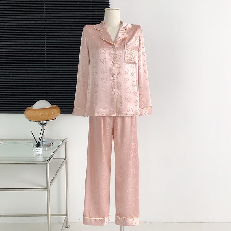 Women's Thin Ice Silk Love Long-sleeved Trousers Pajamas Suit