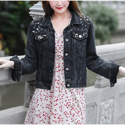 Beaded pearl loose casual women's denim jacket