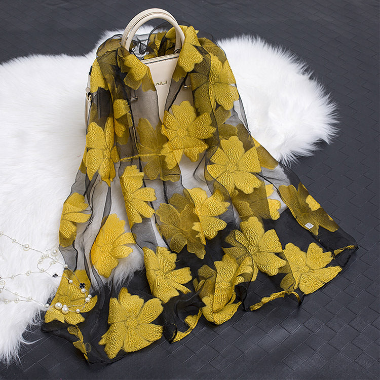 Lace Stitching Cut Flower Paisley Silk Scarf